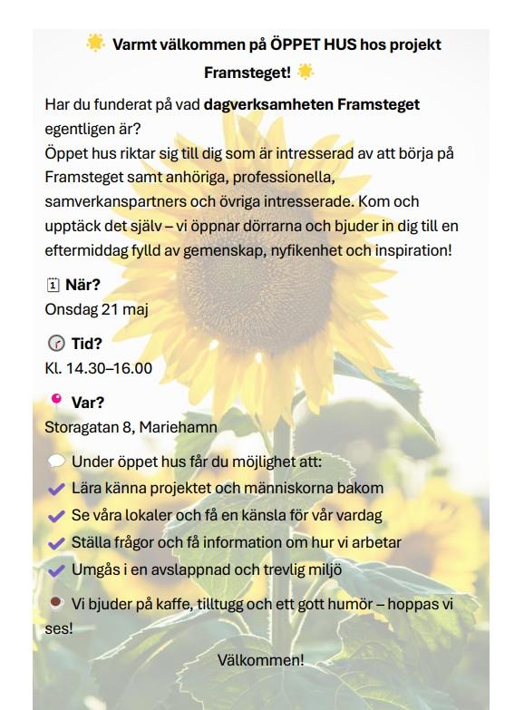 Inbjudan till Öppet hus på projekt Framsteget